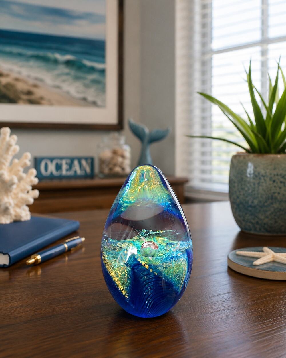 Vintage Murano-Style Dichroic Glass Egg Paperweight – Blue Aqua Gold Sculpture